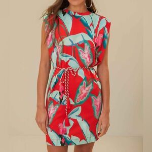 FARM RIO Red Summer Foliage Organic Cotton Mini T-Shirt Dress Size Large NWOT